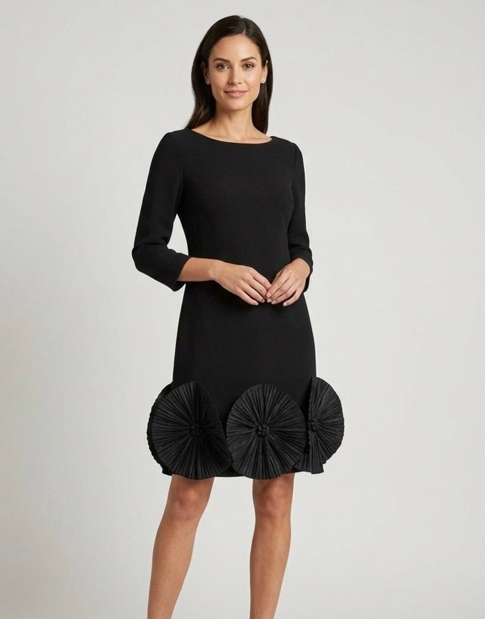 Lourdes Chavez Black Crepe Shift Dress Pleated Rosette Hem Detail Size 12